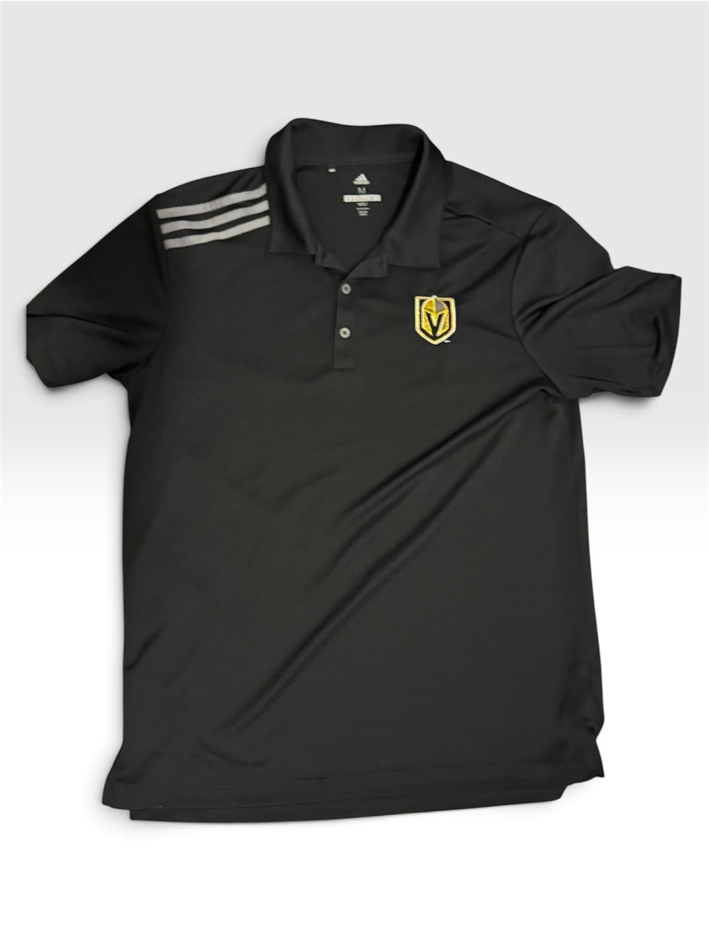 adidas Black Polo with Yellow Crest and Gray Stripes Vegas Knights